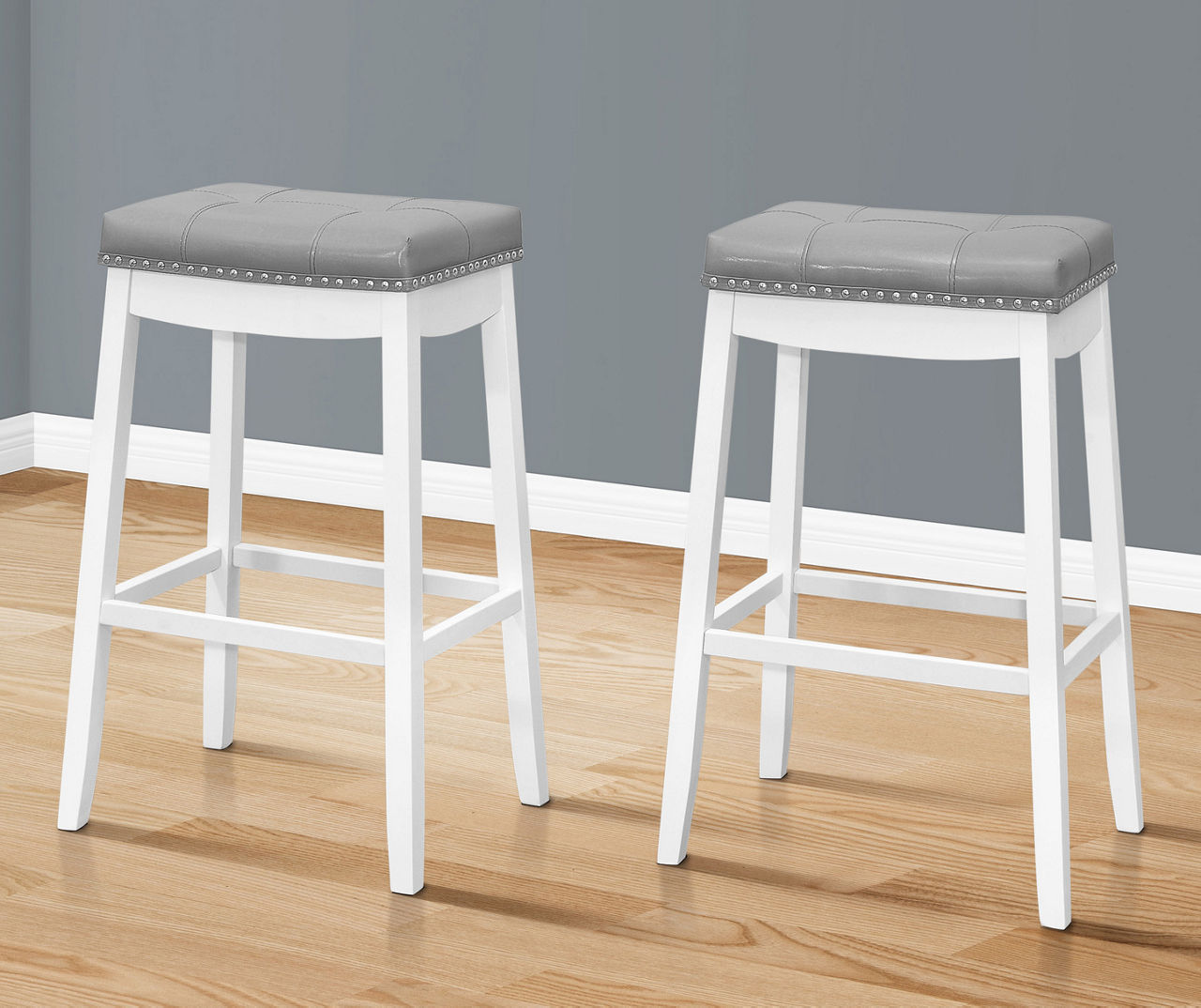 29.5" Gray & White Tufted Nailhead Faux Leather Counter Stools, 2-Pack