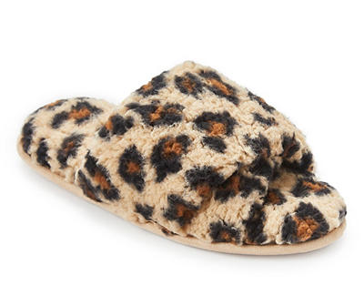 Women's Brown Leopard Print X-Band Faux Fur Slipper