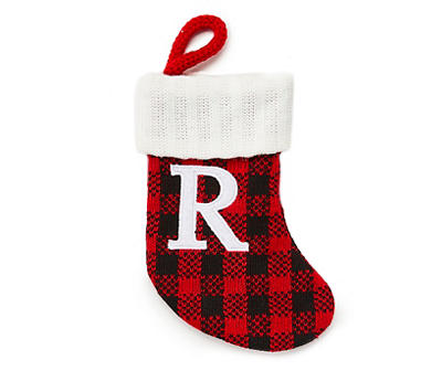 "R" Monogram Red Buffalo Check Mini Stocking with White Trim