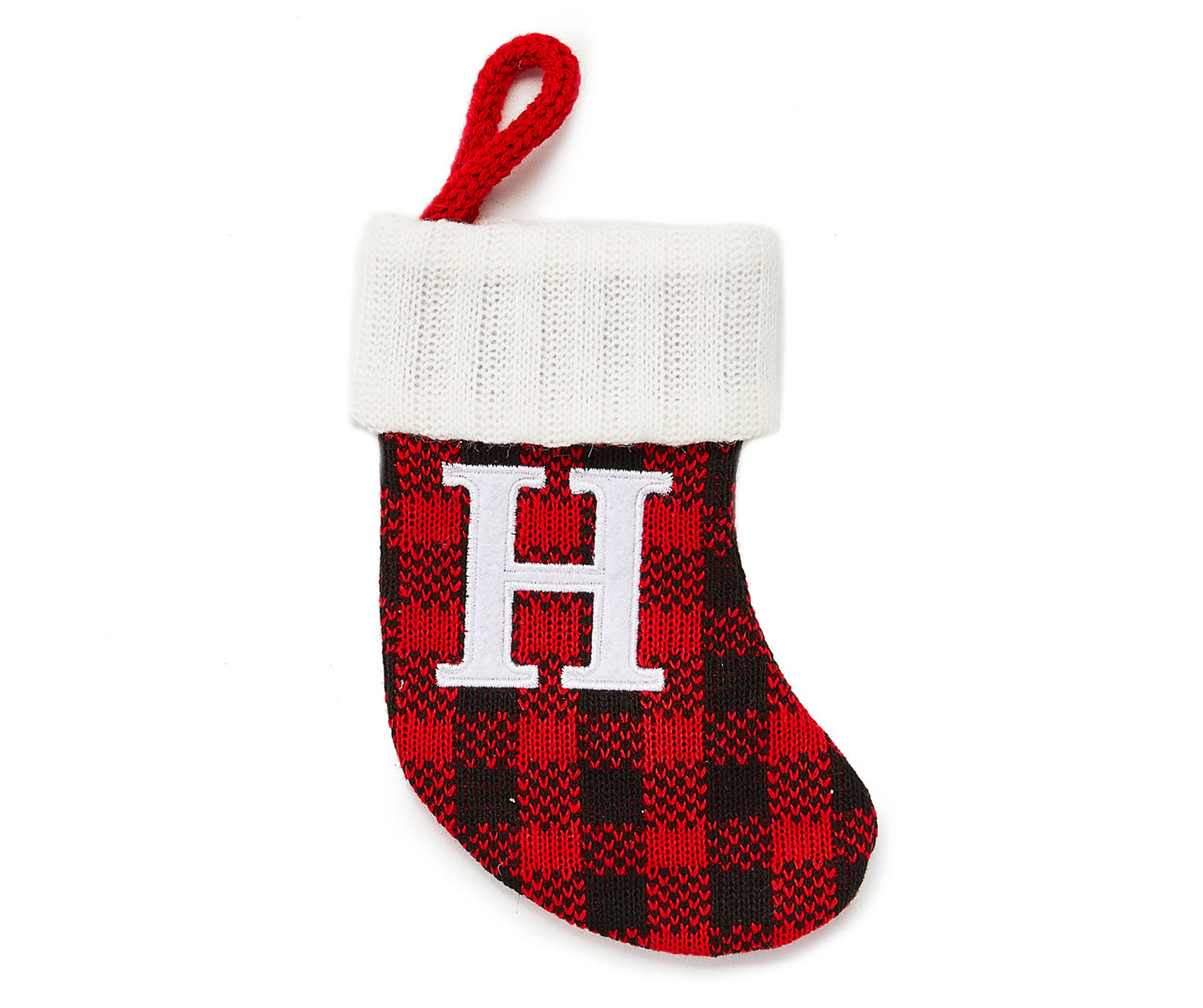 "H" Monogram Red Buffalo Check Mini Stocking with White Trim
