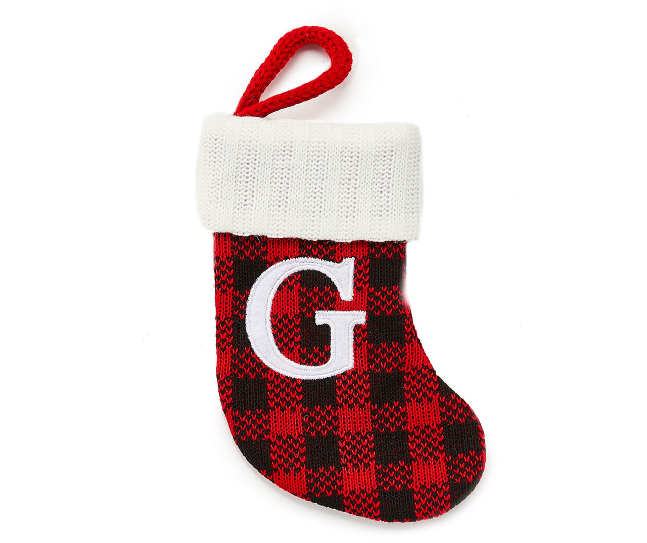 "G" Monogram Red Buffalo Check Mini Stocking with White Trim