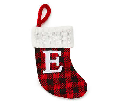"E" Monogram Red Buffalo Check Mini Stocking with White Trim