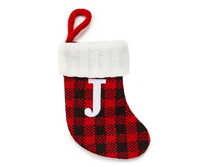 "J" Monogram Red Buffalo Check Mini Stocking with White Trim