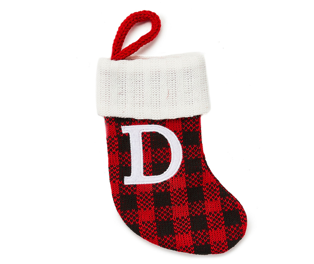 "D" Monogram Red Buffalo Check Mini Stocking with White Trim