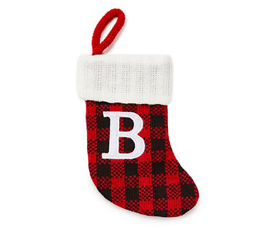"B" Monogram Red Buffalo Check Mini Stocking with White Trim