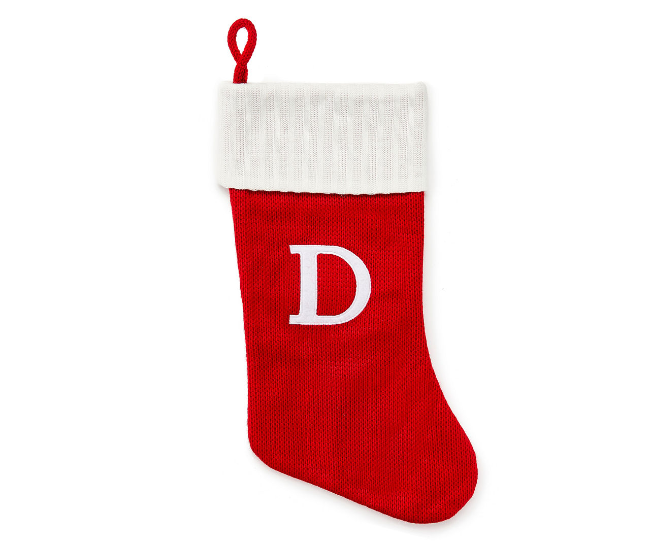 "D" Monogram Red Knit Stocking with White Trim