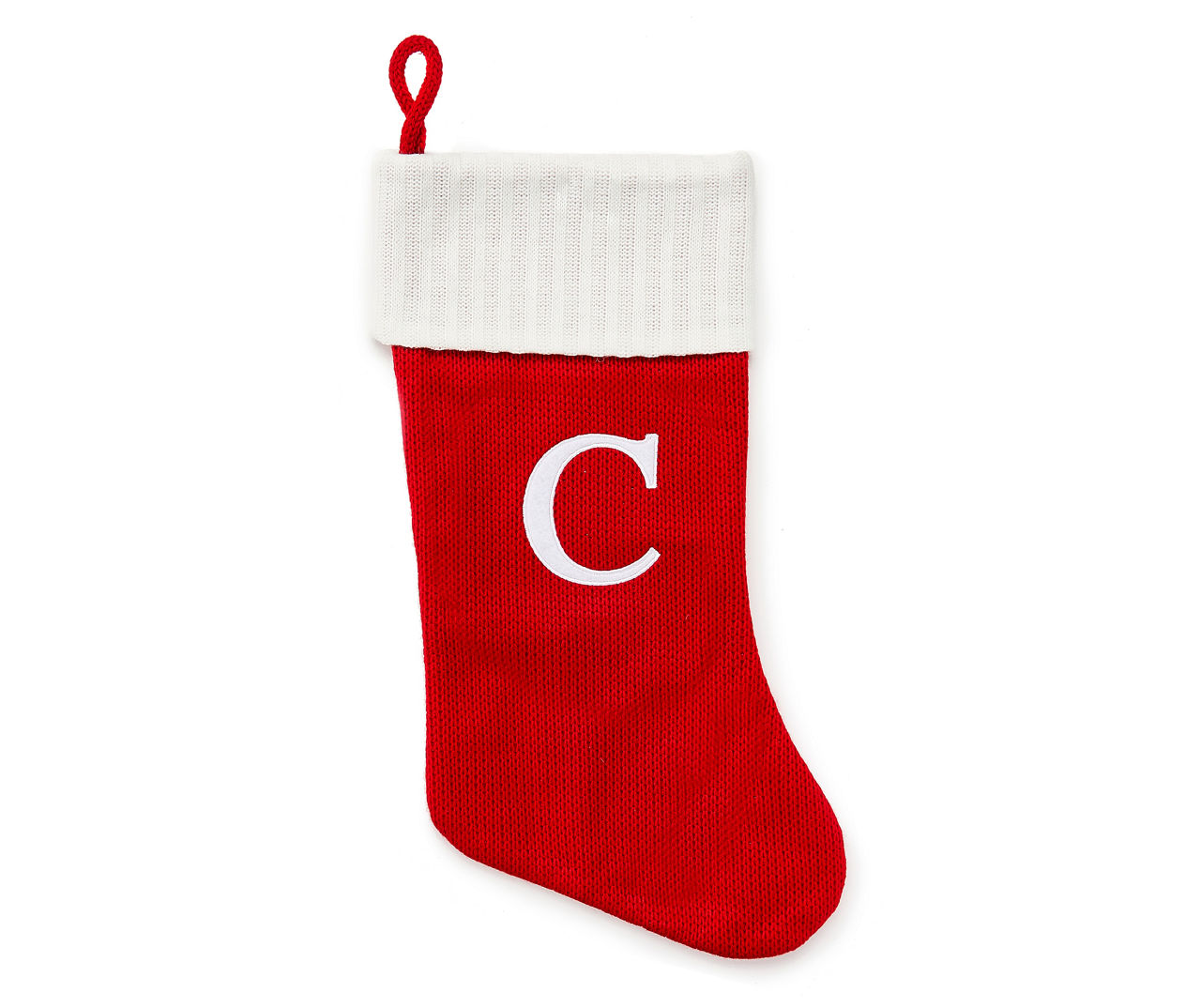 "C" Monogram Red Knit Stocking with White Trim