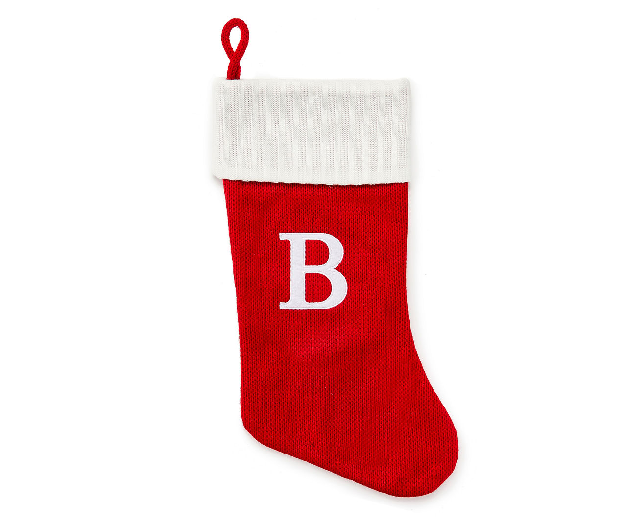 "B" Monogram Red Knit Stocking with White Trim