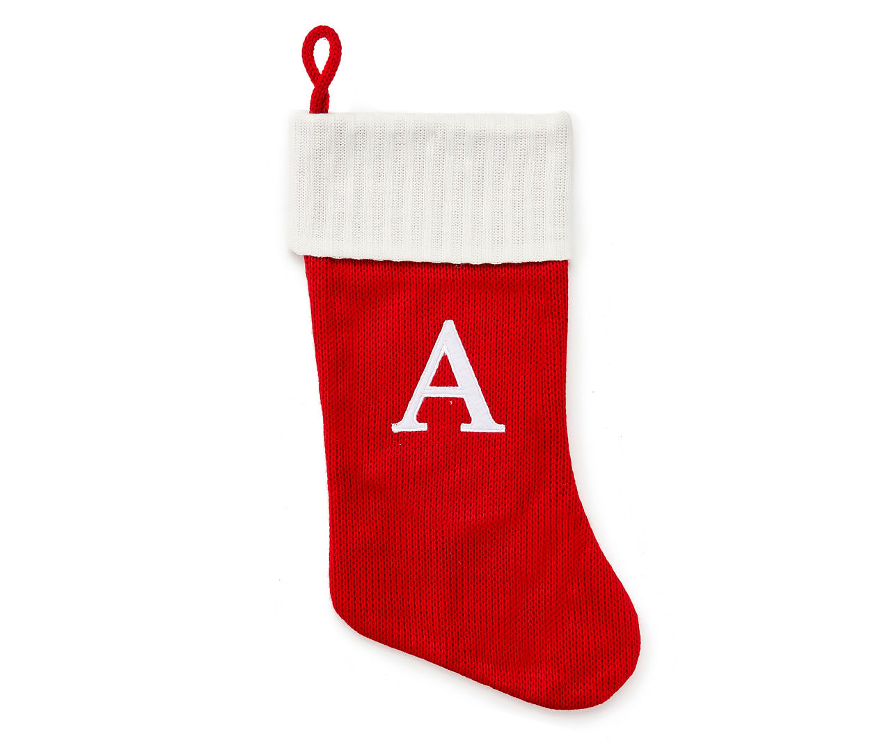 "A" Monogram Red Knit Stocking with White Trim
