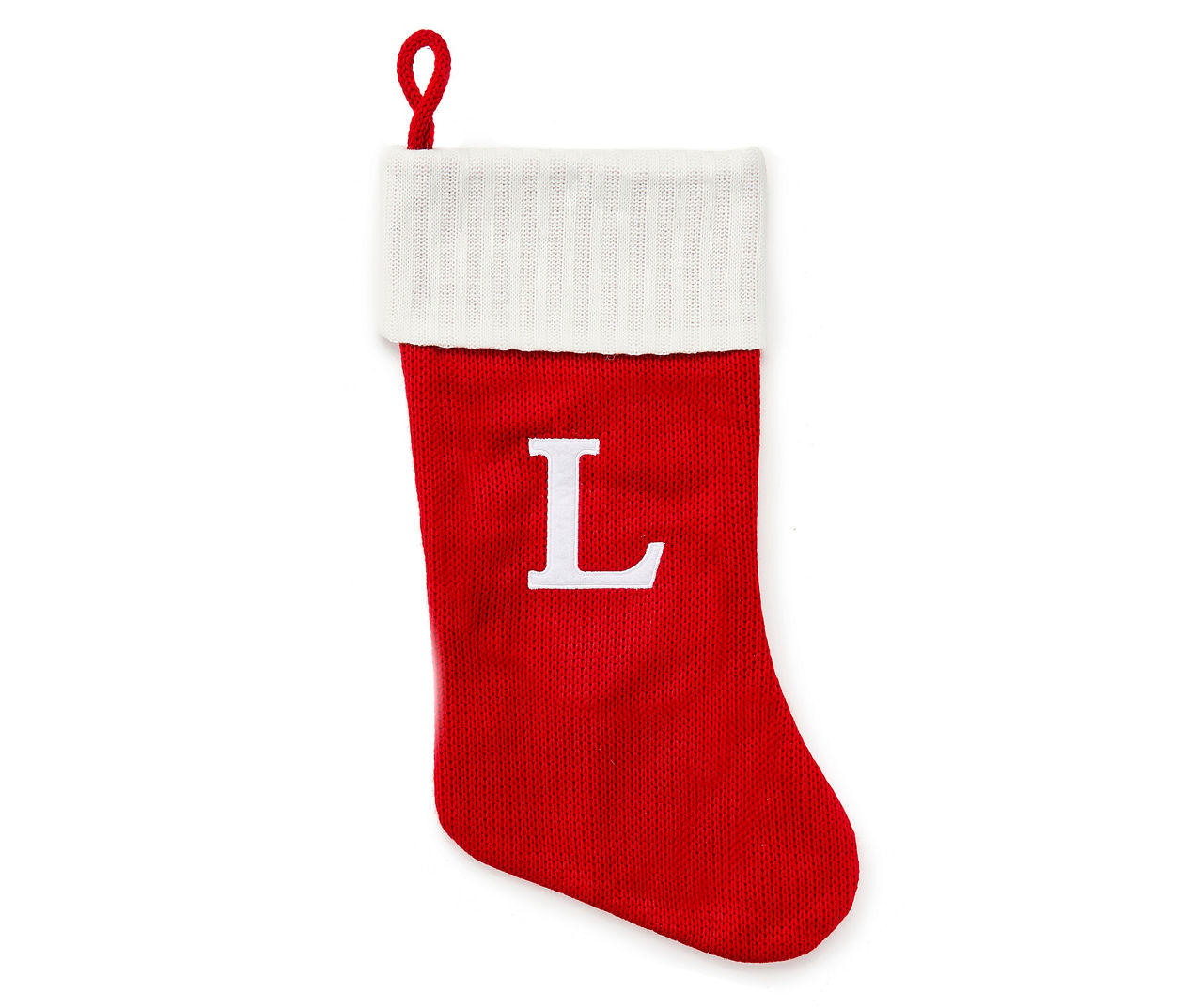 "L" Monogram Red Knit Stocking with White Trim