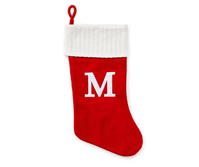 "M" Monogram Red Knit Stocking with White Trim