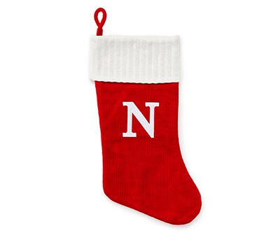 "N" Monogram Red Knit Stocking with White Trim