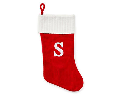 "S" Monogram Red Knit Stocking with White Trim