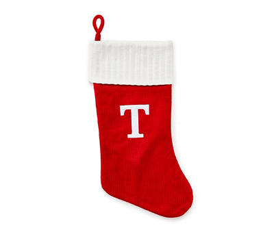"T" Monogram Red Knit Stocking with White Trim