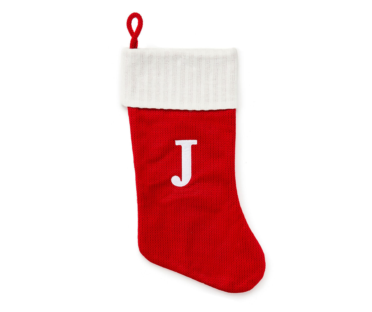 "J" Monogram Red Knit Stocking with White Trim