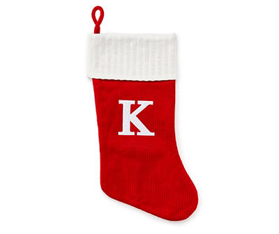 "K" Monogram Red Knit Stocking with White Trim