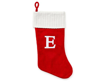 "E" Monogram Red Knit Stocking with White Trim