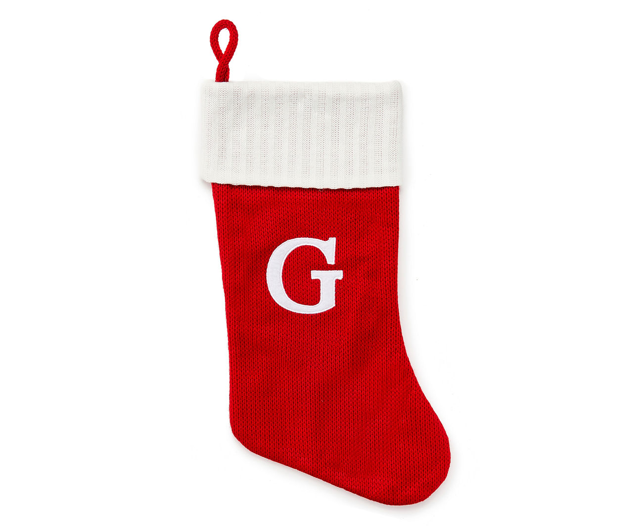"G" Monogram Red Knit Stocking with White Trim