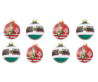 Tree & Plaid Fur Trim 8-Piece Glass Ornament Set