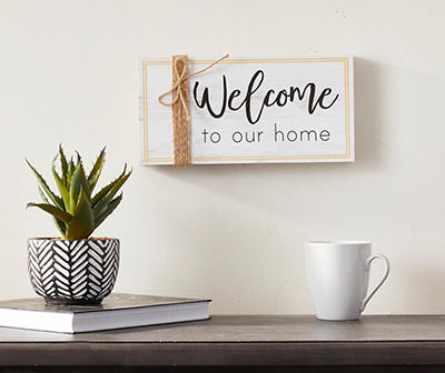 "Welcome To Our Home" White Box Plaque with Twine Accent