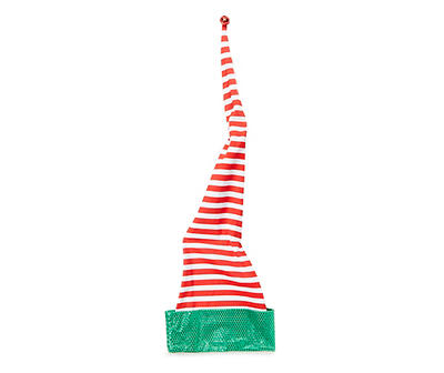 Red, White & Green Long Striped Santa Hat with Bell