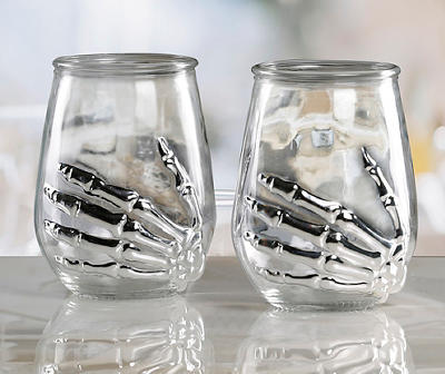 Clear & Silver Skeleton Hands 2-Piece Stemless Wine Glass Set