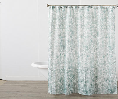 White & Green Botanical Shower Curtain Set With Hooks