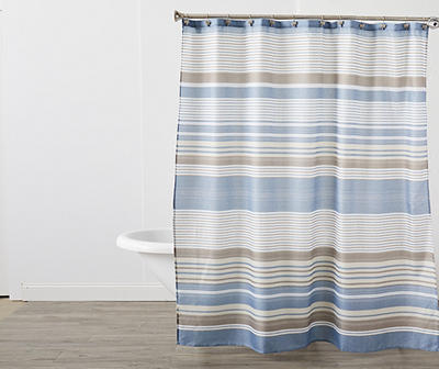 White, Brown & Blue Stripe Shower Curtain Set With Hooks