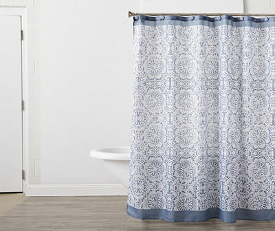 White & Blue Vintage Floral Shower Curtain Set With Hooks
