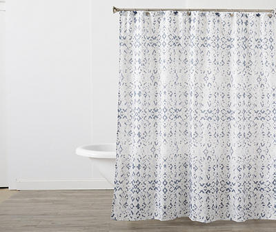 White & Blue Geometric Ikat Shower Curtain Set With Hooks