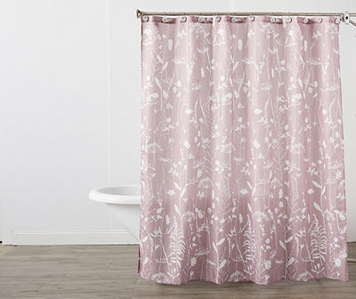 Retro Striped Pink Flowers Polyester Fabric Shower Curtain Set Bathroom w/ Hooks 