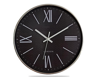 Black & Chrome Roman Numeral Modern Round Wall Clock, (12
