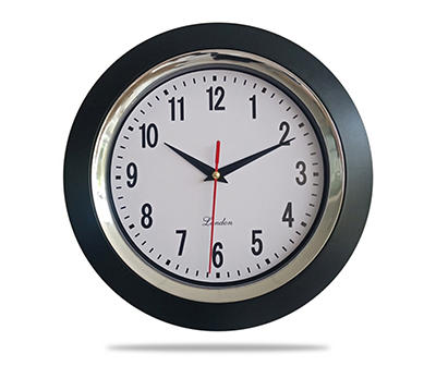 Black & Chrome-Accent Round Wall Clock, (10