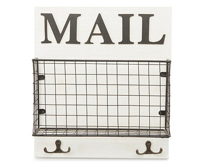 "Mail" White & Black Mail Bin Wall Plaque With Hooks