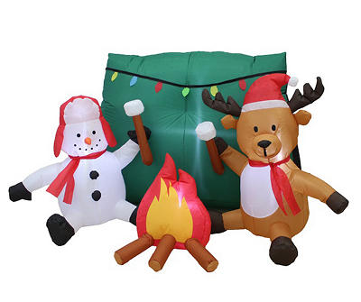 Airblown 40" Inflatable LED Snowman & Reindeer Cozy Holiday Campfire Scene