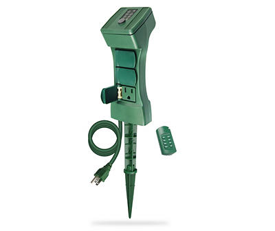 Green 3-Outlet Timed Outdoor Power Stake With Remote