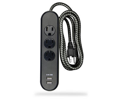 Black 3-Outlet AC & USB Surge Protector With Braided Cord, (6')