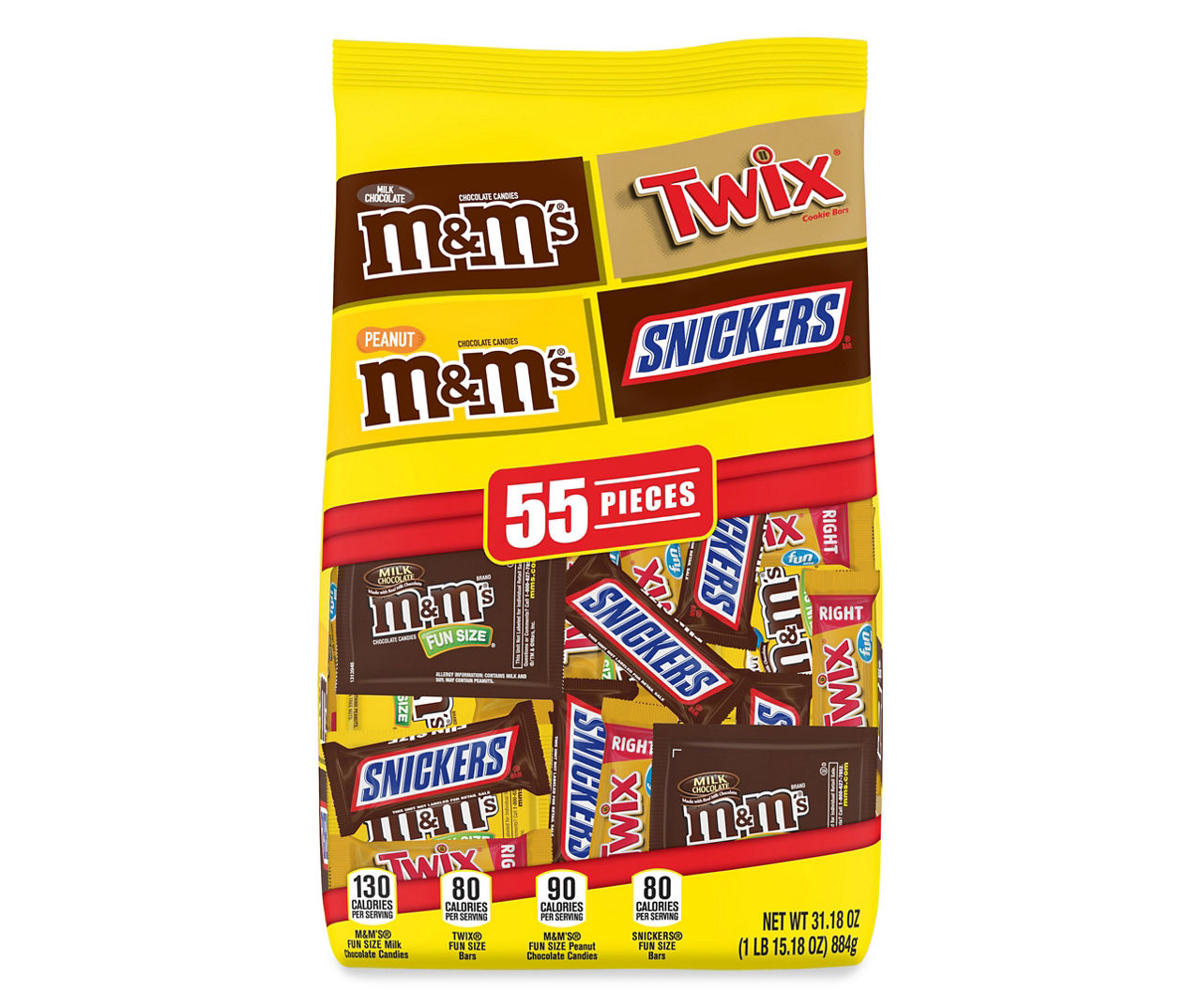 M&M'S Milk Chocolate, M&M'S Peanut, TWIX & SNICKERS Fun Size Milk Chocolate  Halloween Candy Variety Pack, 30.98 oz, 55 ct Bulk Candy Bag NEW PACK