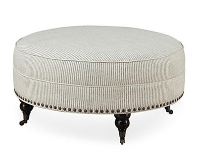 Pebble Gray Striped Upholstered Round Ottoman