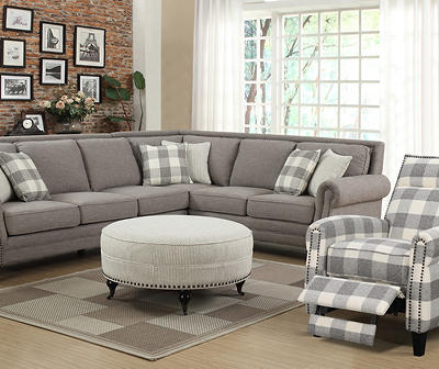 Pebble Gray Striped Upholstered Round Ottoman