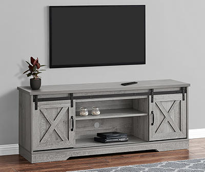 Tv Stand, 2 Barn-Style Sliding Doors / 2 Shelves / 2 Storage Cabinets, 60"L, Grey Wood-Look