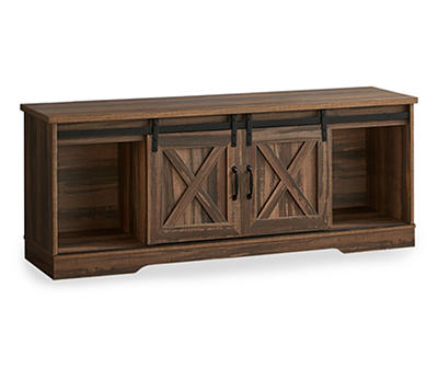 Tv Stand, 2 Barn-Style Sliding Doors / 2 Shelves / 2 Storage Cabinets, 60"L, Brown Reclaimed Wood-Look