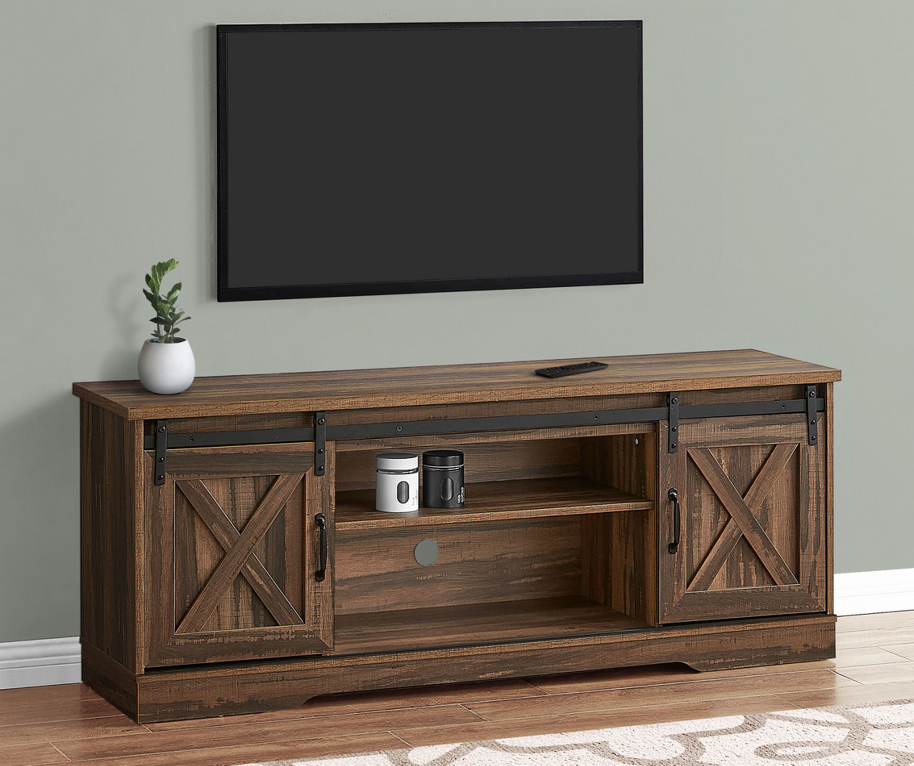 Gray sliding barn door deals tv stand