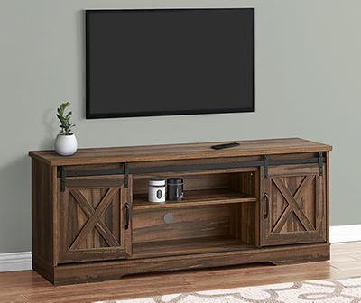 Tv Stand, 2 Barn-Style Sliding Doors / 2 Shelves / 2 Storage Cabinets, 60"L, Brown Reclaimed Wood-Look
