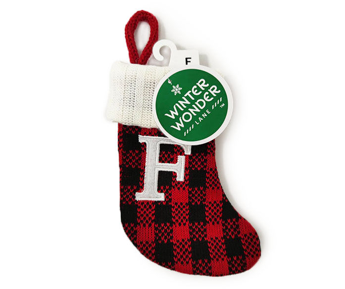 "F" Monogram Red Buffalo Check Mini Stocking with White Trim