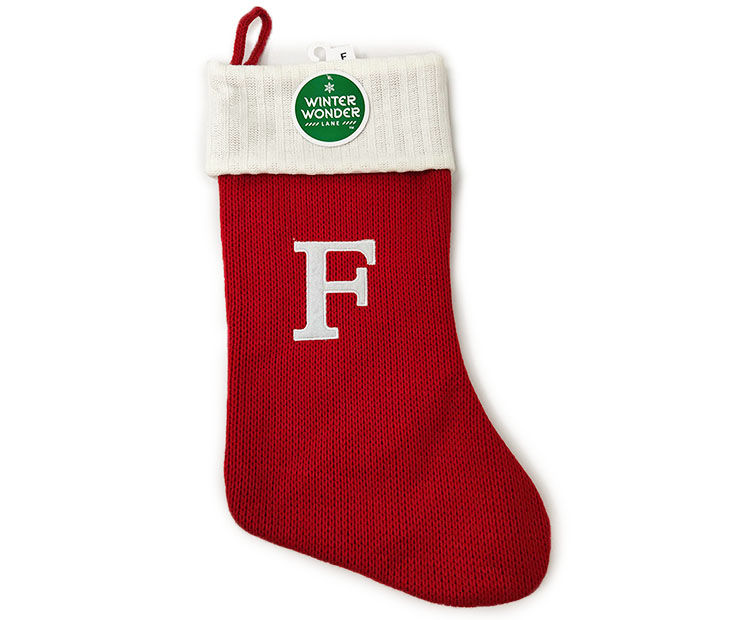 "F" Monogram Red Knit Stocking with White Trim