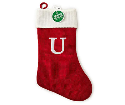 "U" Monogram Red Knit Stocking with White Trim
