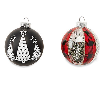 Cozy Christmas Tree & Plaid 8-Piece Glass Ornament Set