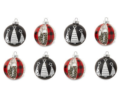 Cozy Christmas Tree & Plaid 8-Piece Glass Ornament Set