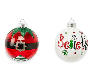 Merry & Bright "Believe" & Elf Suit 8-Piece Glass Ornament Set